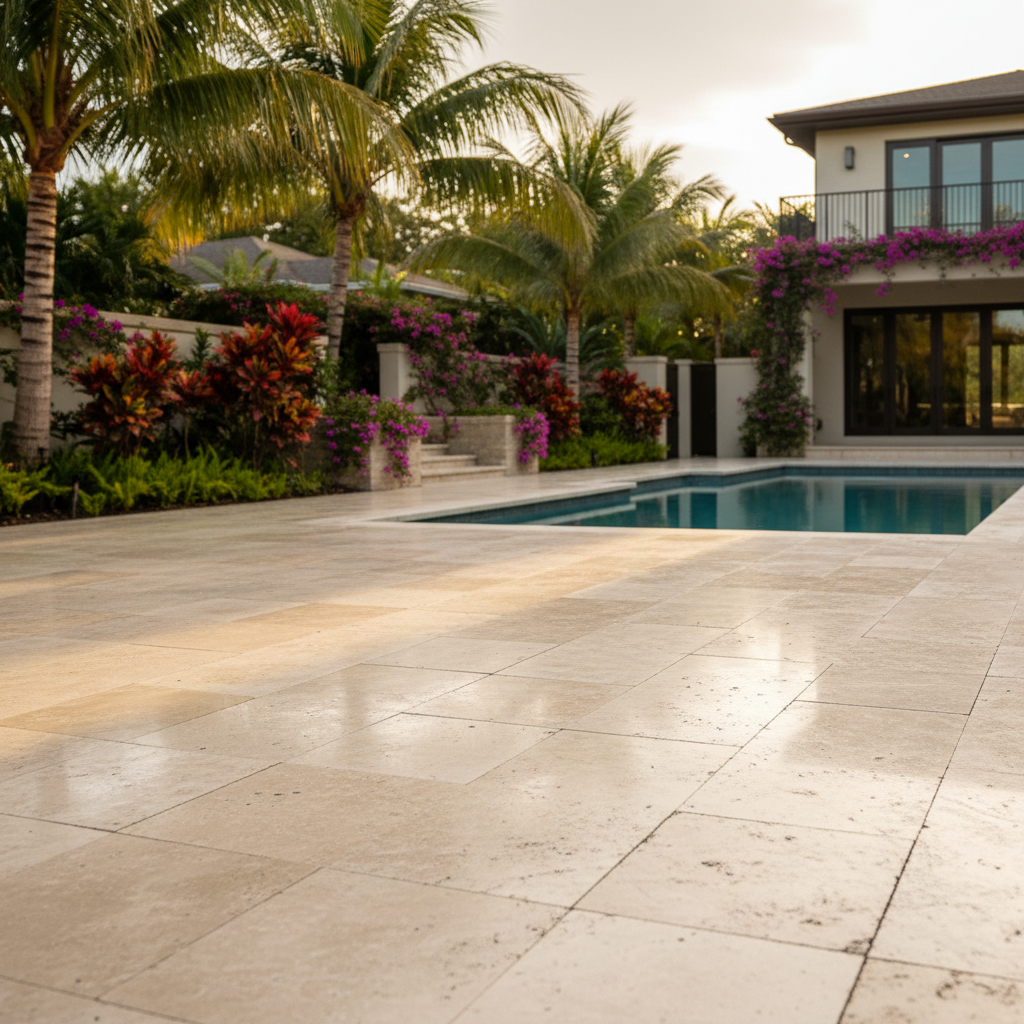 A professionally restored luxury home patio in Lehigh Acres, FL, after our complete paver restoration service.