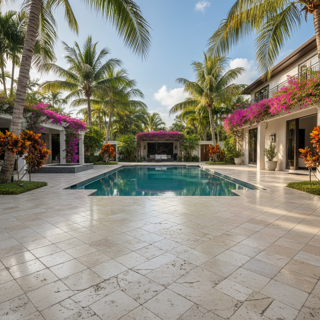 A beautifully restored travertine paver patio in a luxury Naples, FL home, showcasing the results of professional paver restoration.