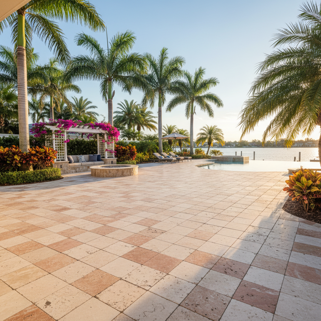 Restored travertine patio pavers at a luxury home in Punta Gorda, a showcase of expert patio paver restoration.