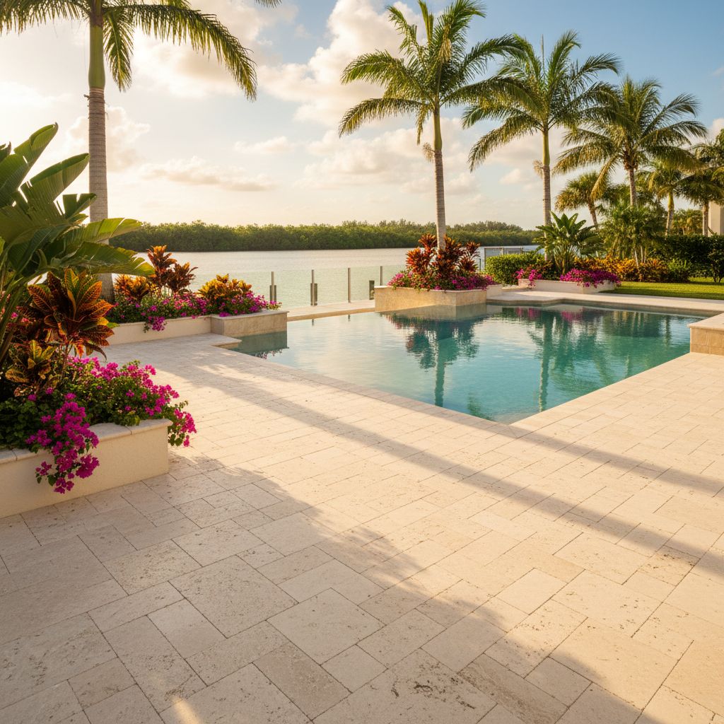 A beautifully restored travertine patio after a professional paver restoration in Punta Gorda, FL.