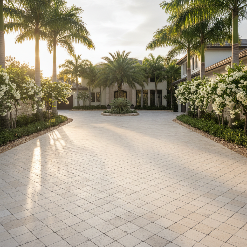 A meticulously cleaned travertine paver driveway at a luxury home in Estero, Florida.