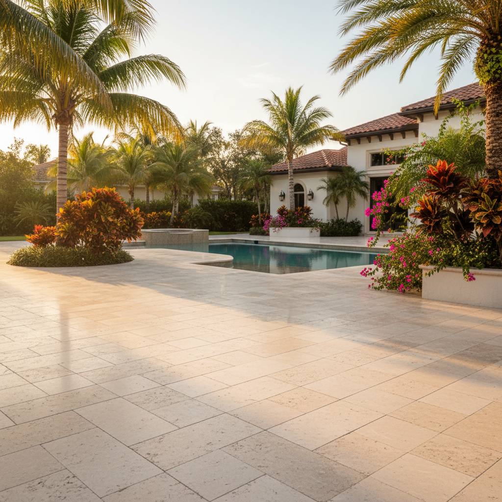 Immaculate travertine paver pool deck after a professional cleaning in Lehigh Acres, FL.