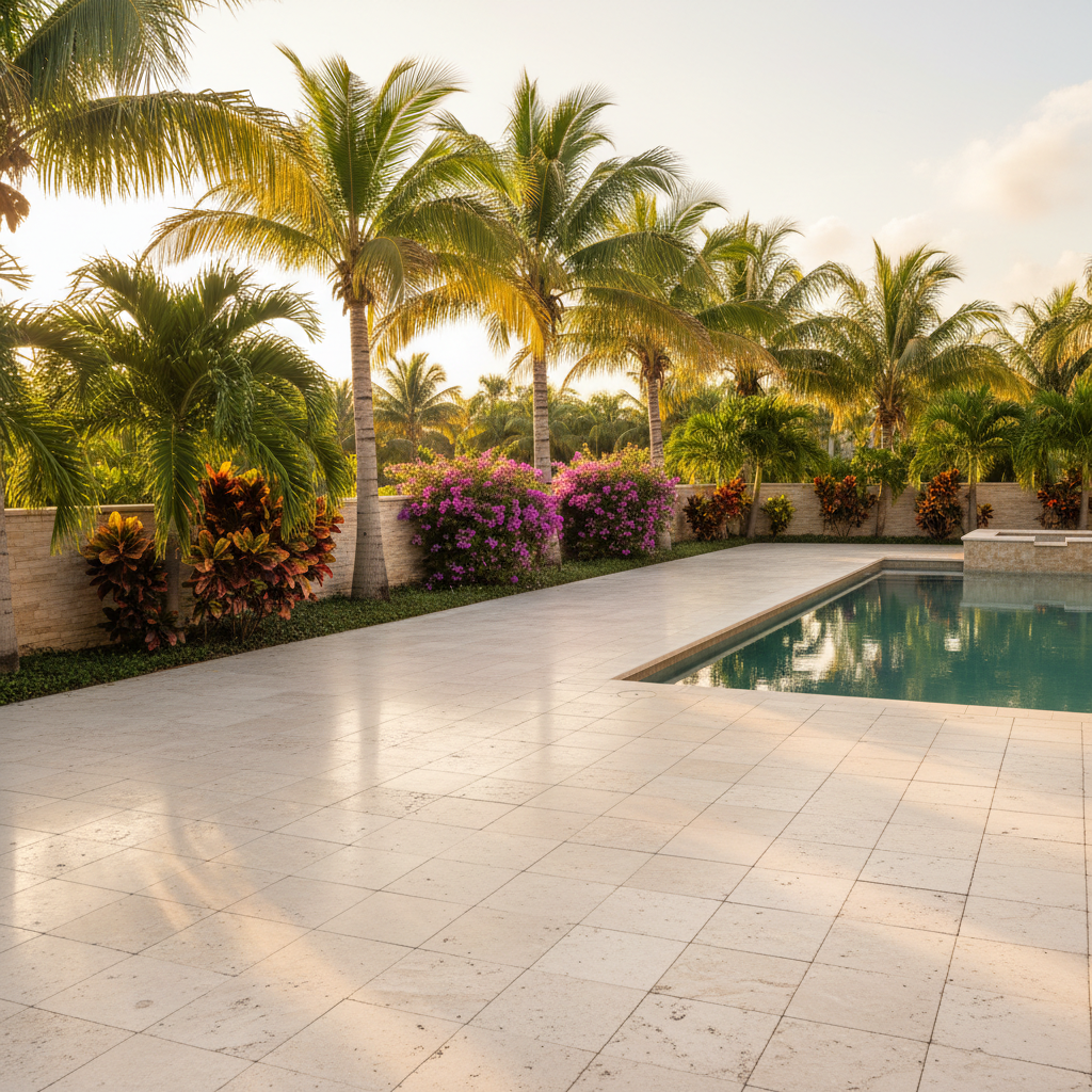 A professionally cleaned travertine pool deck in Marco Island, FL, restored by paver cleaning experts.