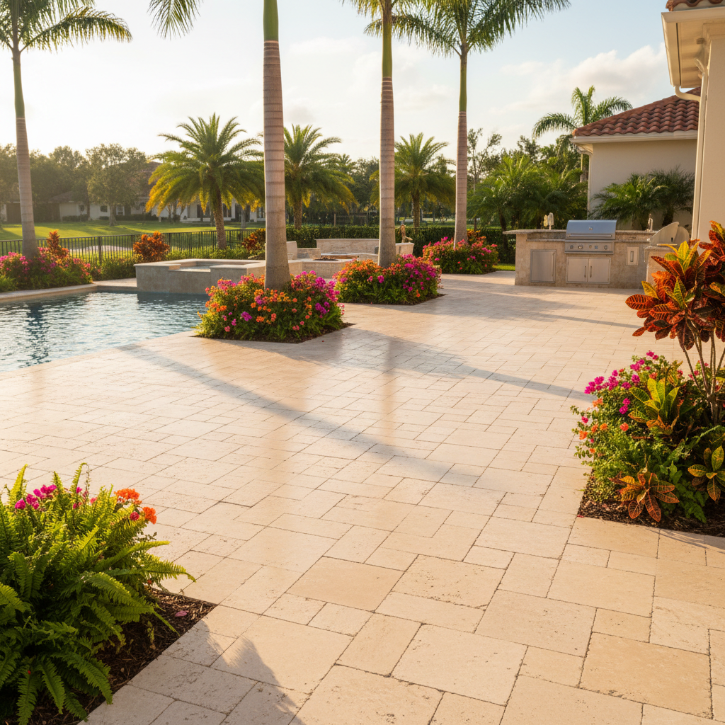 Pristine paver pool deck after a professional paver cleaning service in Naples, FL.