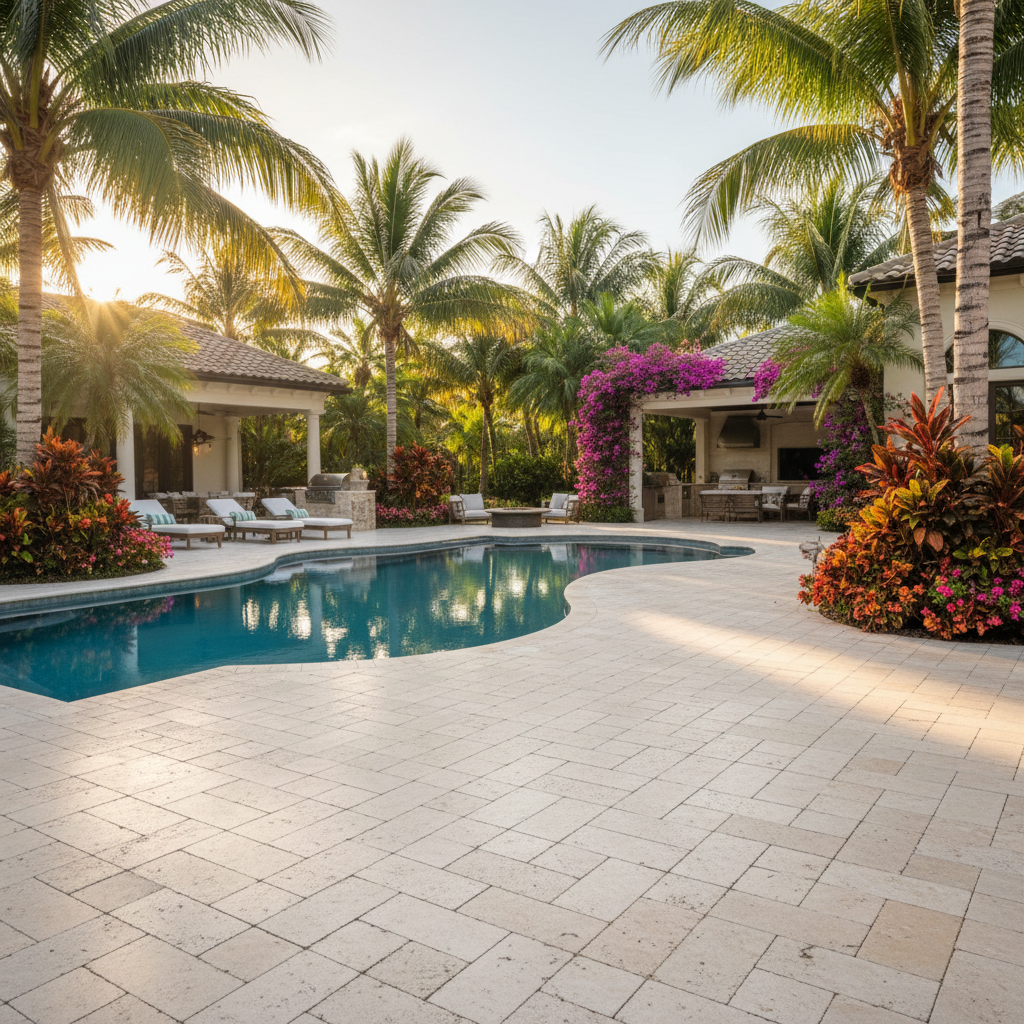 Pristine and clean travertine paver pool deck at a luxury home in Naples, Florida.