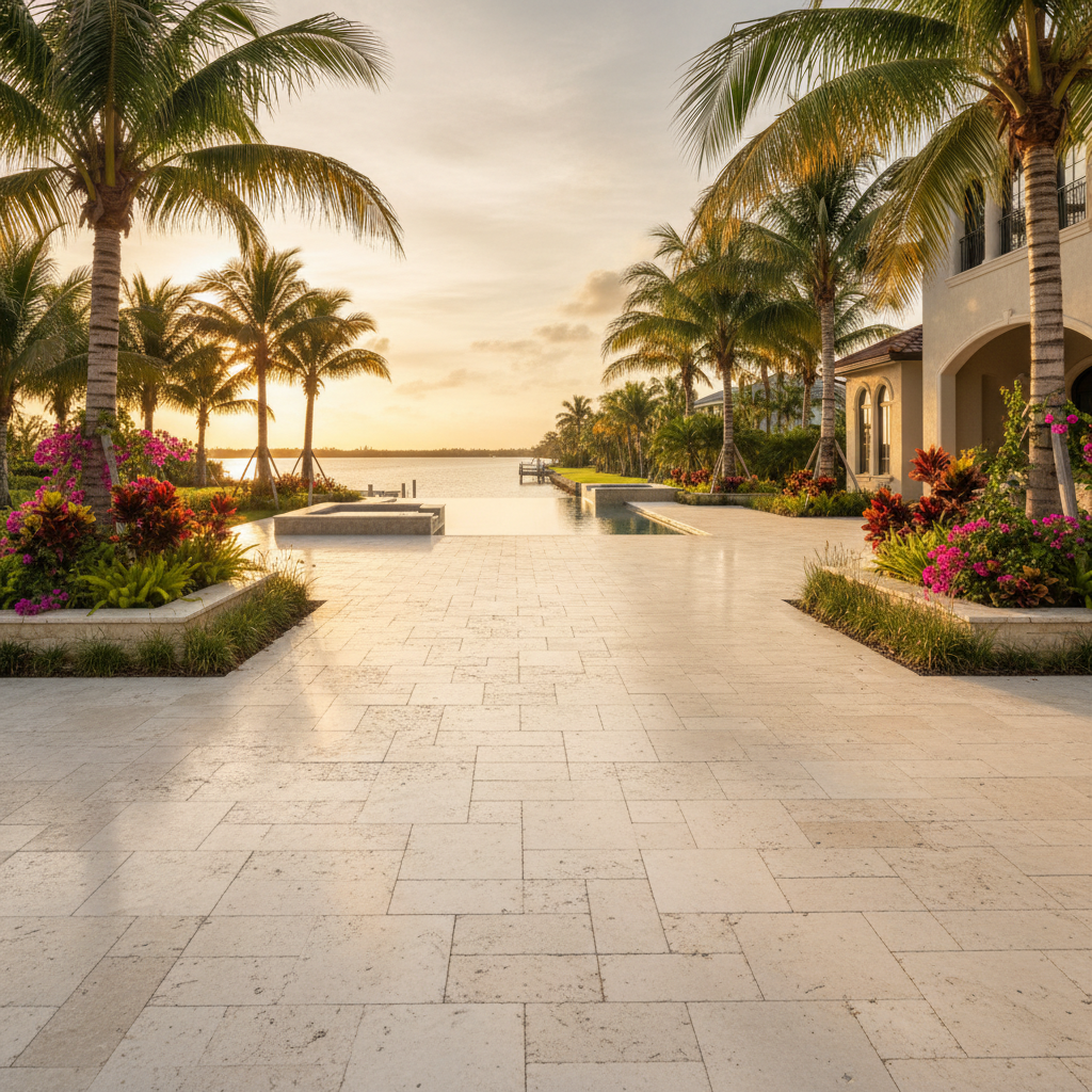 Immaculate travertine pool deck after paver restoration in a luxury Cape Coral, FL home.