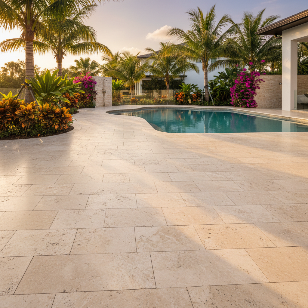 A newly restored travertine paver pool deck following a professional paver restoration service in Estero, Florida.