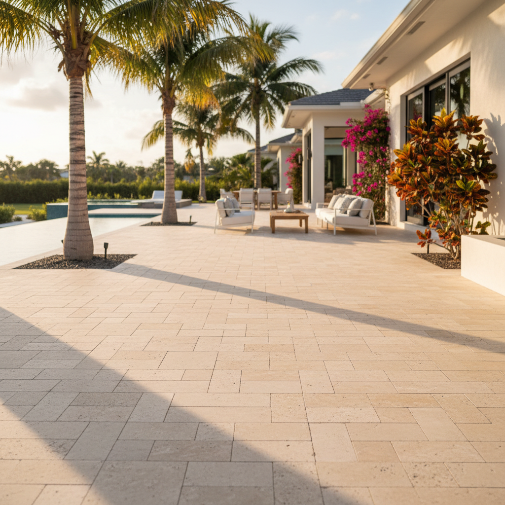 Impeccably restored travertine paver pool deck at a luxury residence in Estero, Florida.