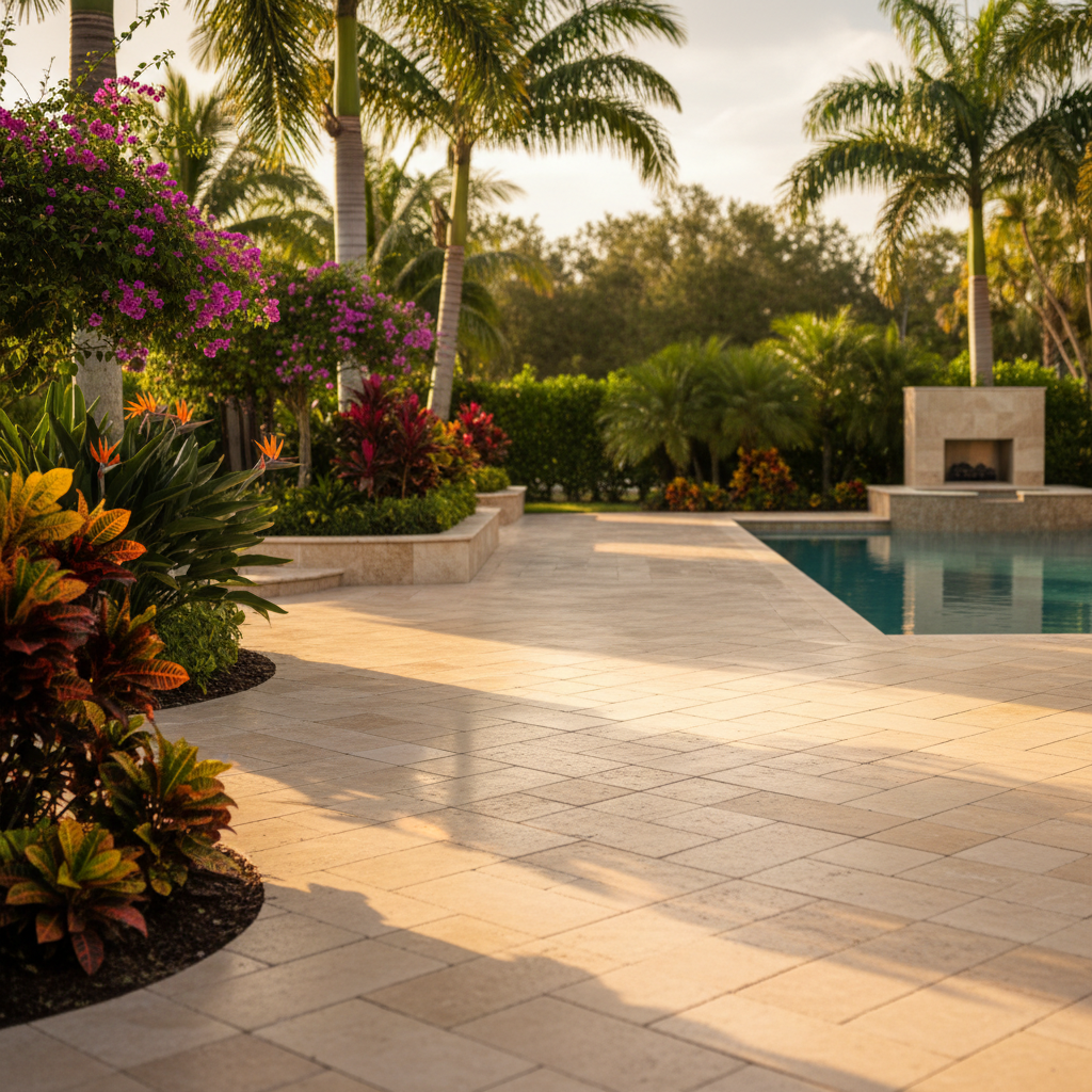 A newly sealed travertine pool deck after a professional paver restoration in Fort Myers, FL.