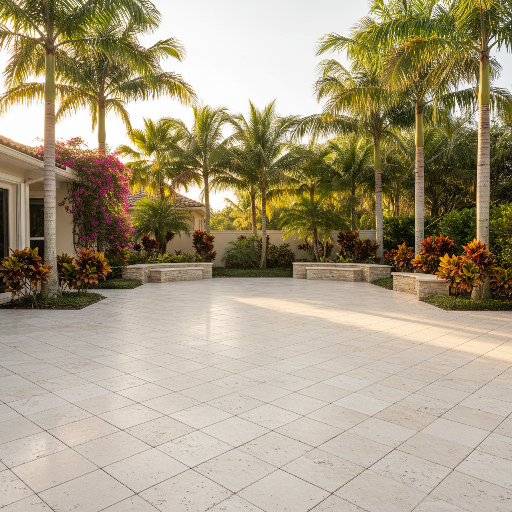 A beautifully restored paver pool deck after a professional paver restoration service in Lehigh Acres, Florida.