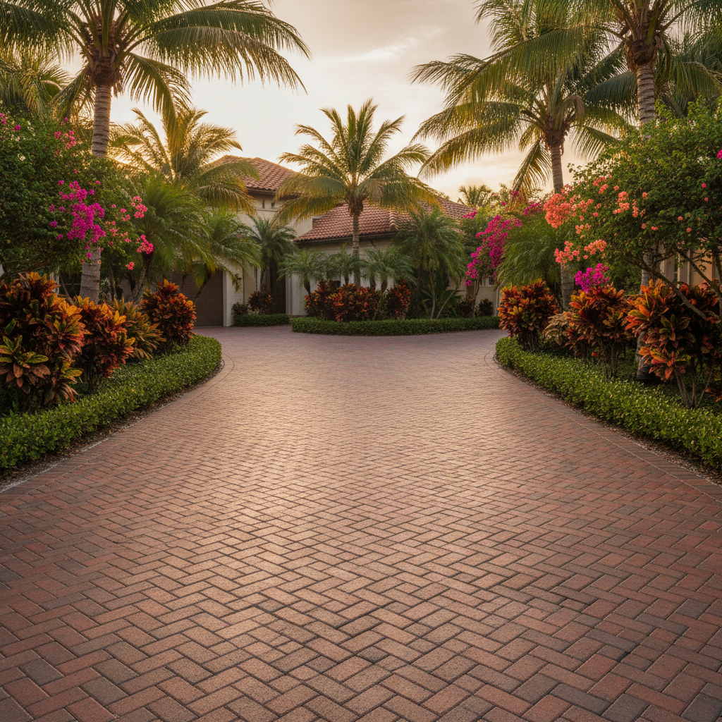 A restored brick paver driveway in a luxury Lehigh Acres, Florida home.