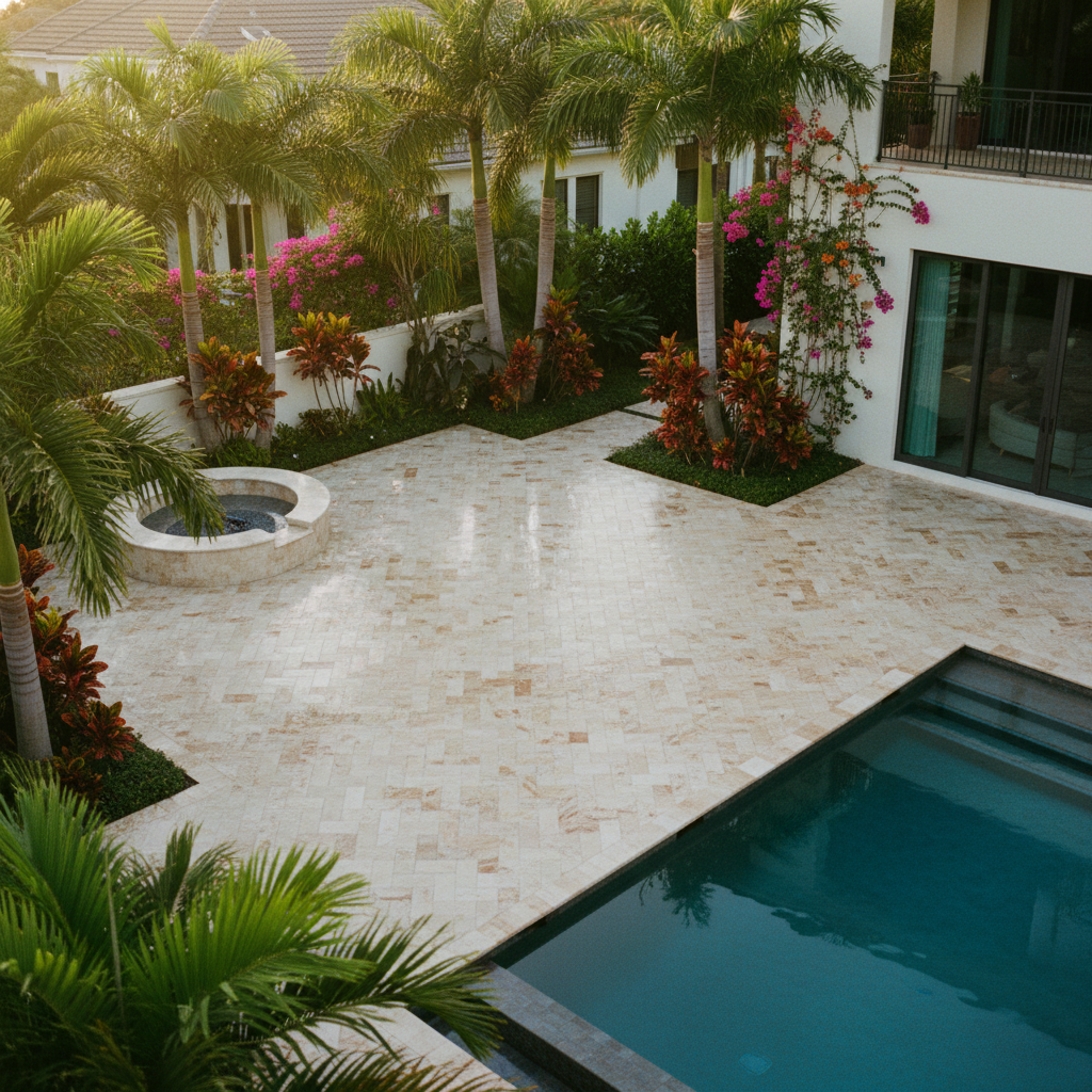A newly restored and sealed travertine paver pool deck in Lehigh Acres, FL after professional paver restoration.