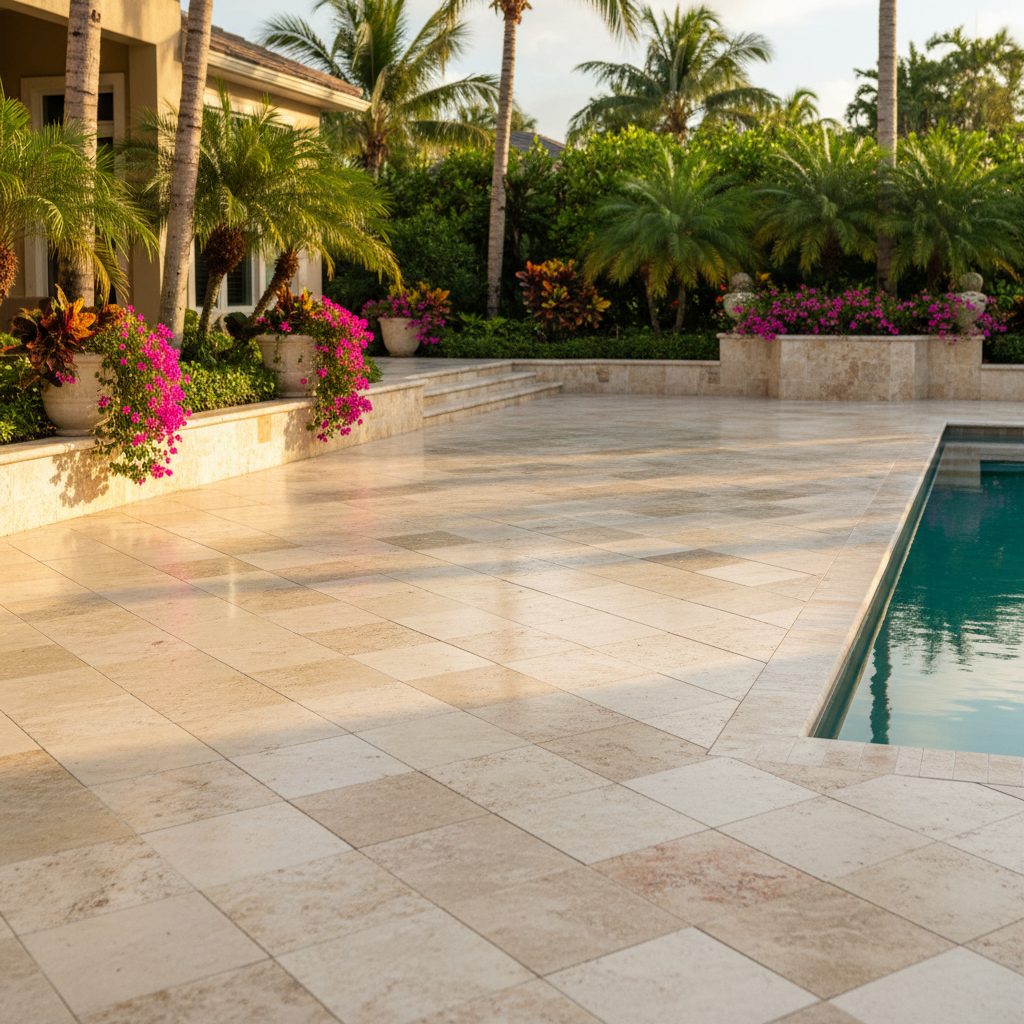 A newly restored travertine paver pool deck in a luxury Marco Island home after professional paver restoration.