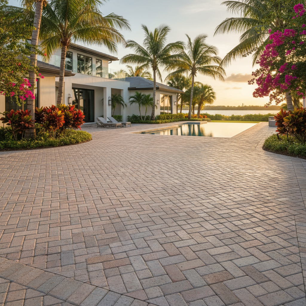 Impeccably restored travertine pavers on a pool deck in Marco Island, FL.