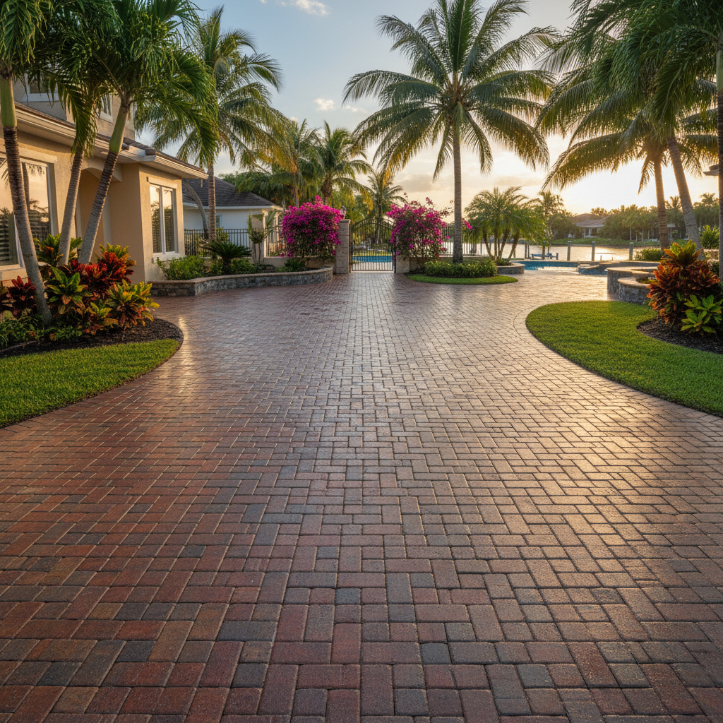 Newly restored paver driveway on a luxury home in Punta Gorda, showcasing the results of professional paver restoration.