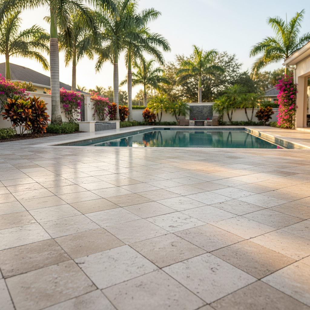 A restored travertine paver pool deck in Punta Gorda after a professional paver restoration service.