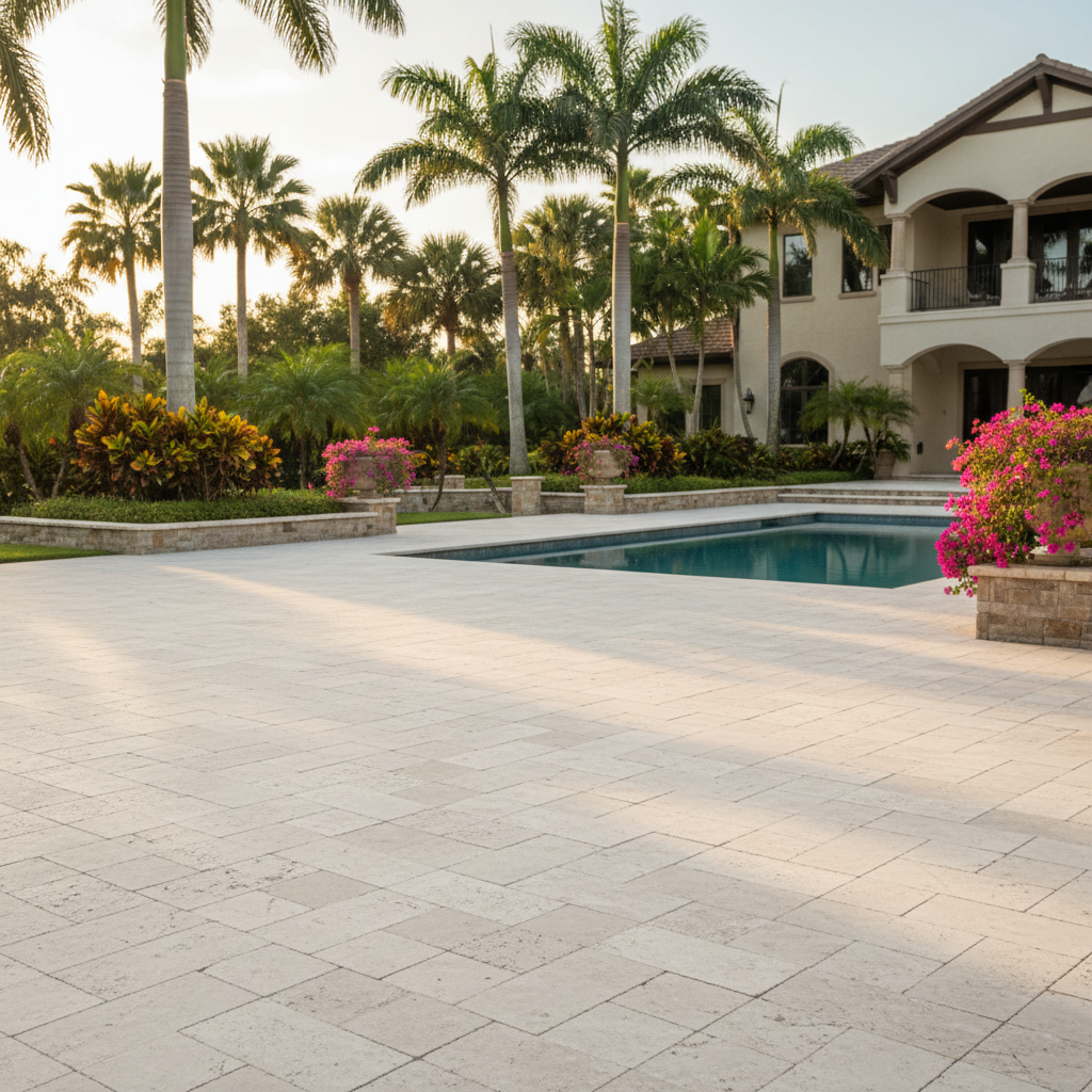 A beautifully restored travertine paver pool deck after a professional paver restoration service in Naples, FL.