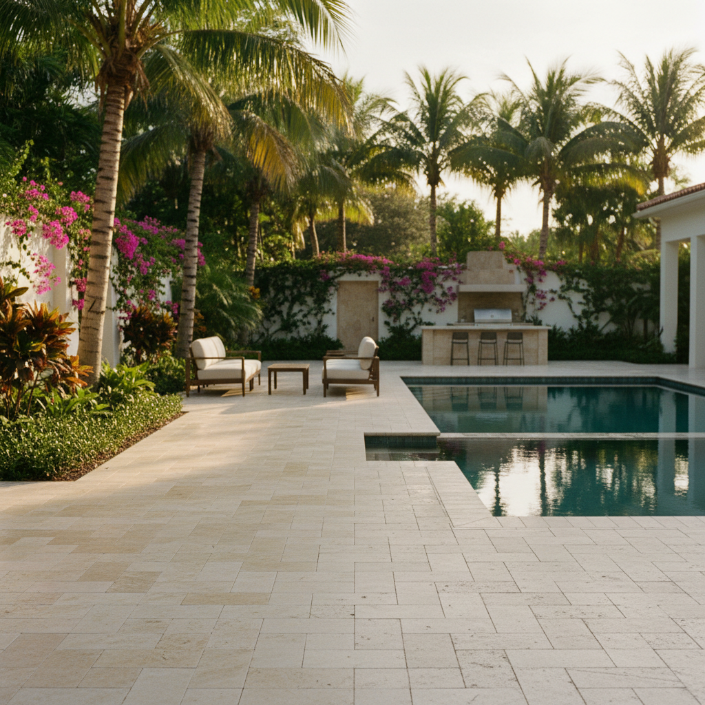 A restored travertine paver pool deck in Naples, FL, after a professional paver restoration service.