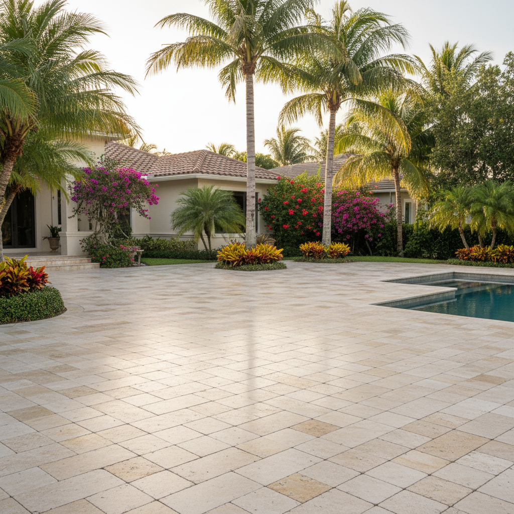 A pristine sealed paver pool deck in Bonita Springs, FL.