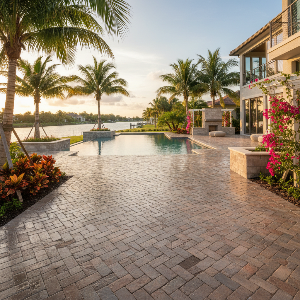 Freshly sealed paver pool deck on a luxury property in Cape Coral, FL.