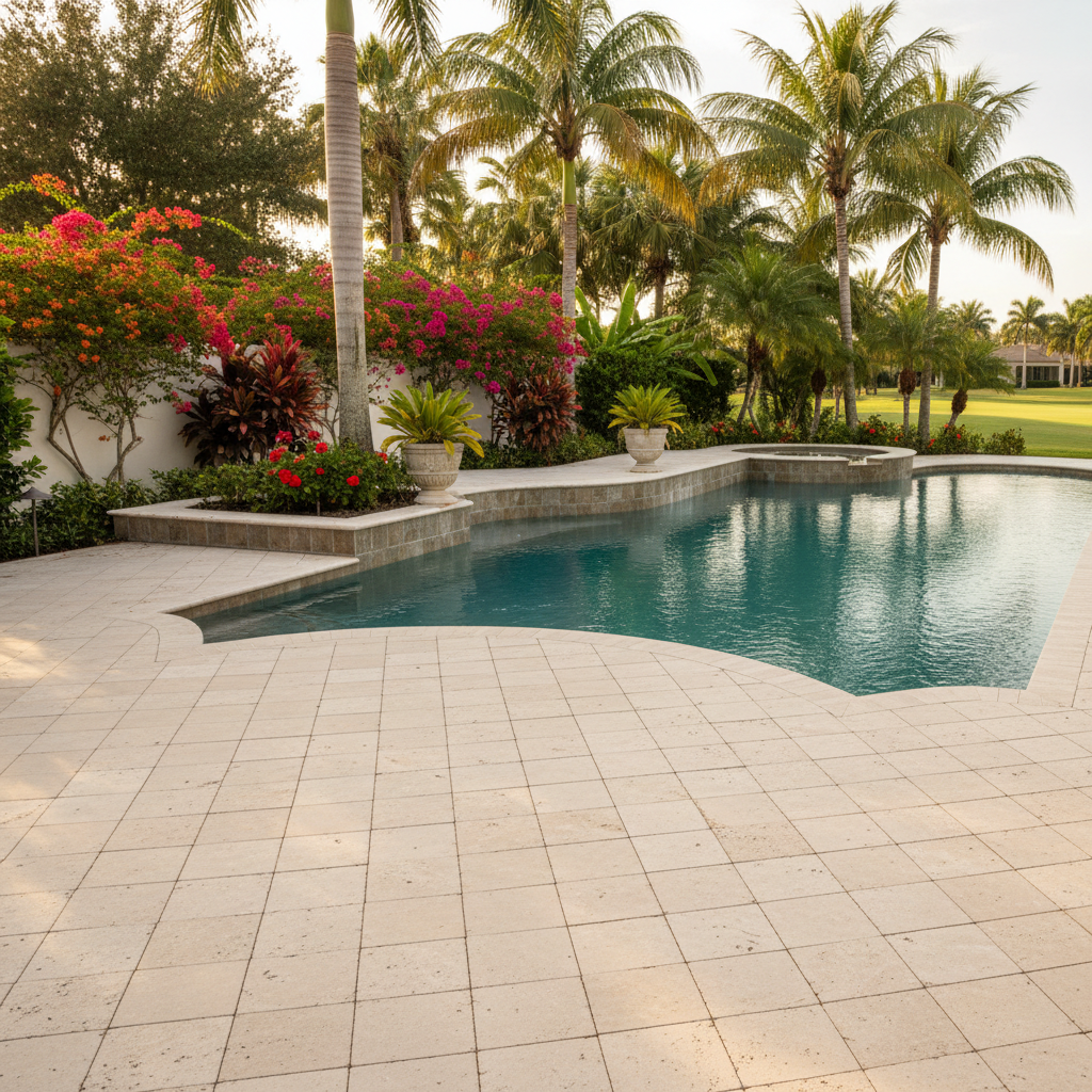Immaculate, freshly sealed travertine paver pool deck in Estero, FL.