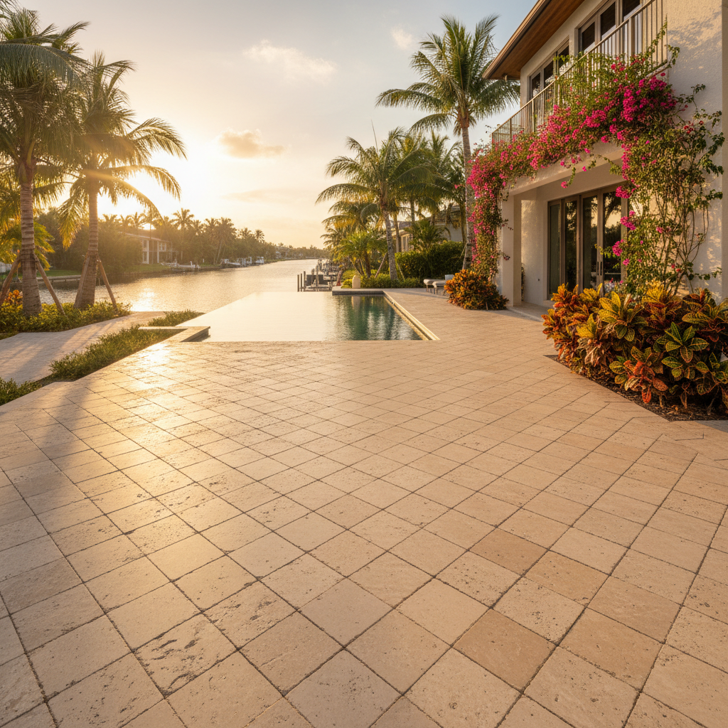 A pristine, newly sealed travertine pool deck in Cape Coral, FL after professional paver sealing service.