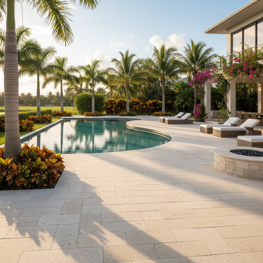 A freshly sealed travertine paver pool deck in a luxury Marco Island home, showcasing the benefits of professional paver sealing.