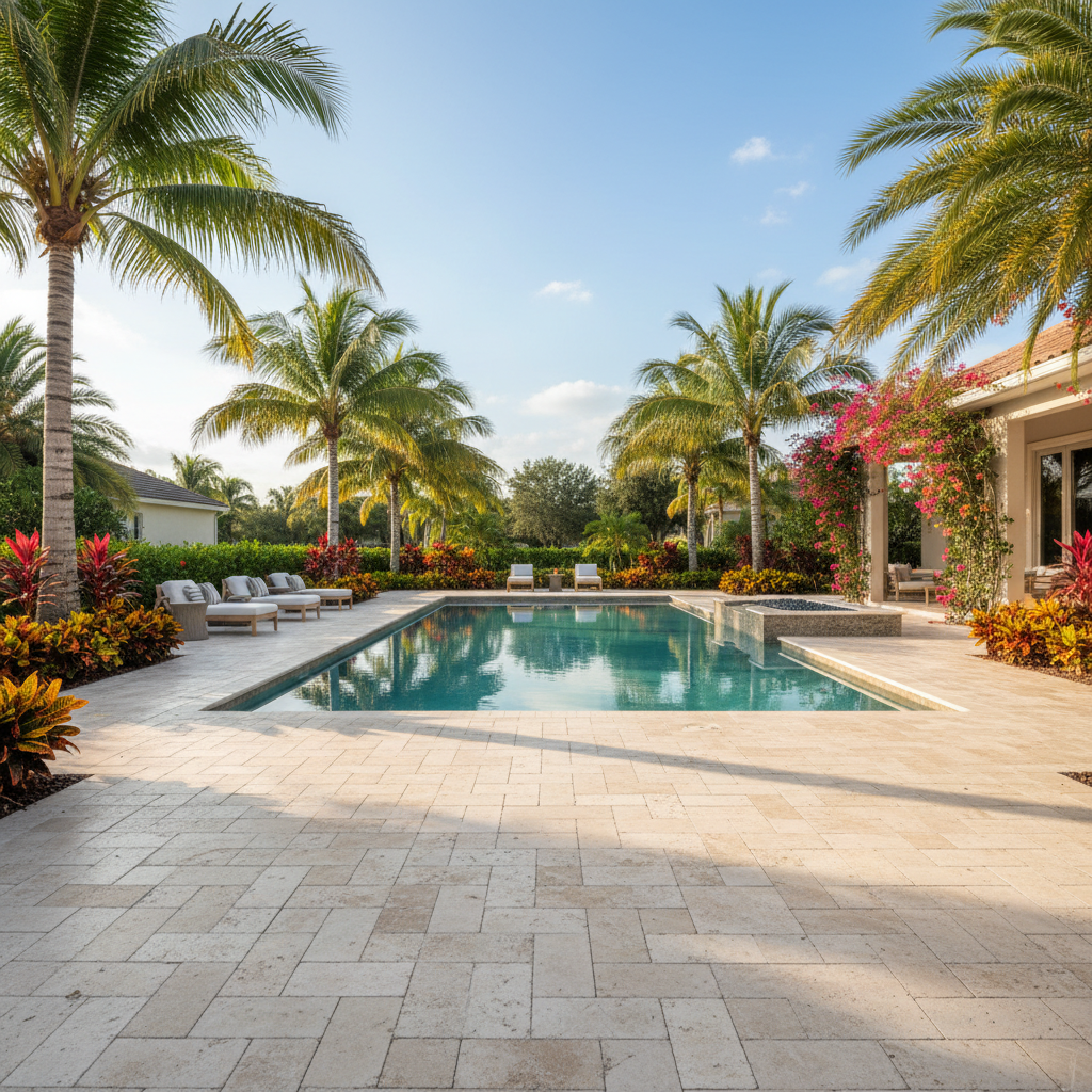Freshly sealed travertine paver pool deck in a Lehigh Acres, FL luxury home.