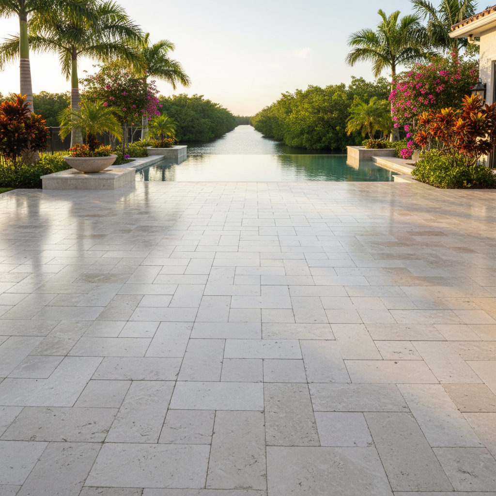 Freshly sealed travertine pool deck in a luxury Punta Gorda FL home.