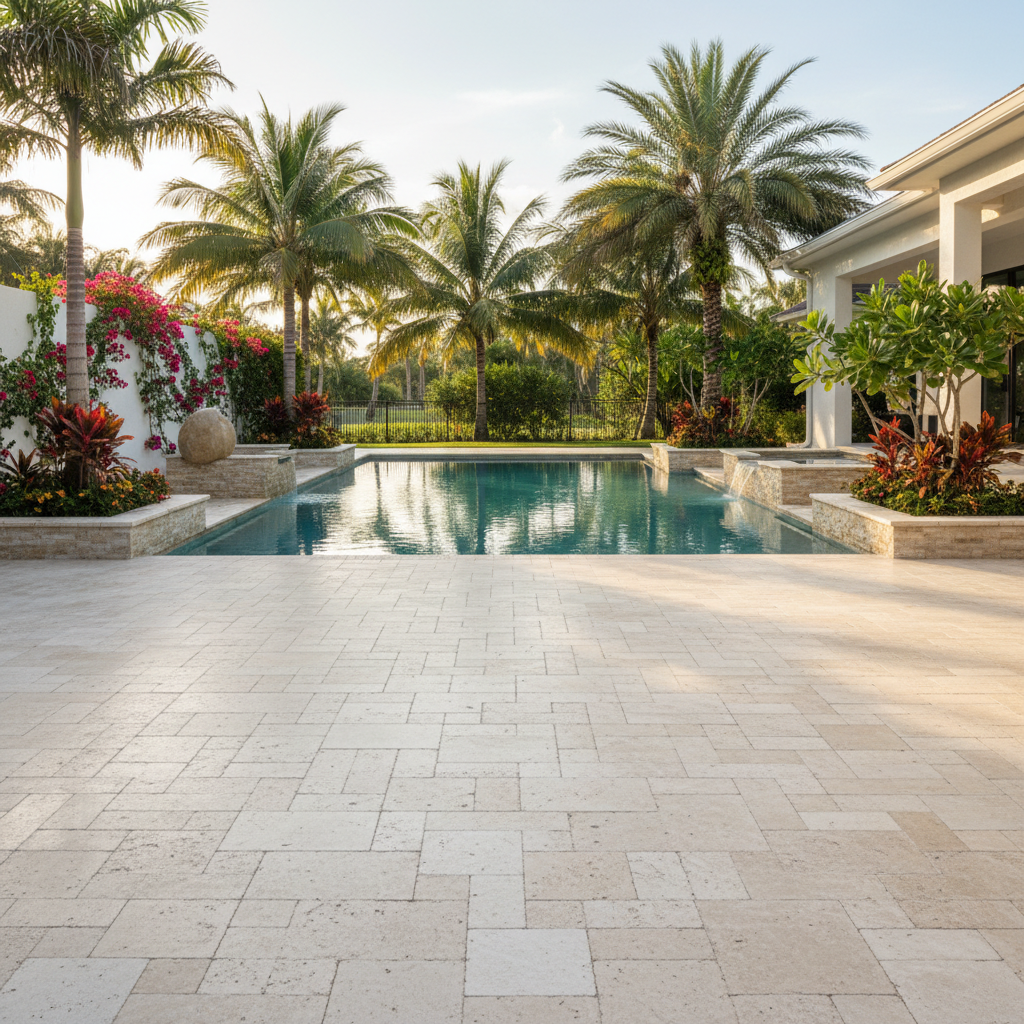 A restored luxury travertine pool deck after a professional paver restoration service in Bonita Springs, FL.
