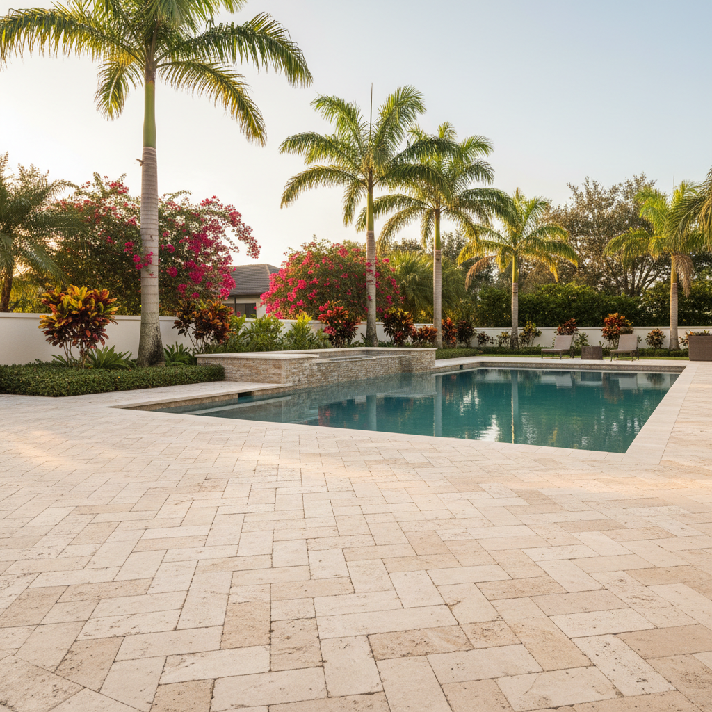 A meticulously restored travertine paver pool deck in a luxury Bonita Springs, FL residence, showcasing a clean, non-slip surface ideal for HOA communities.