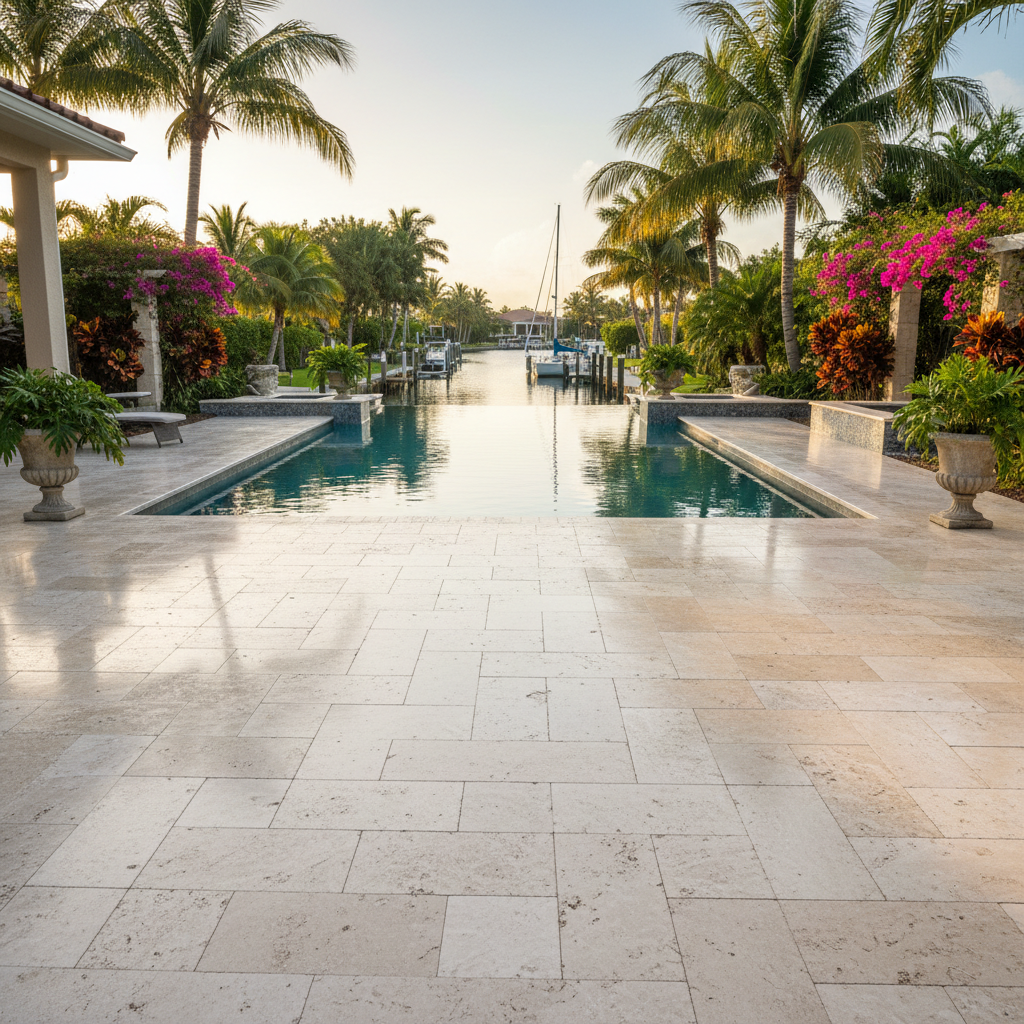 Restored travertine pool deck with a deep, wet look in a luxury Cape Coral, FL home.