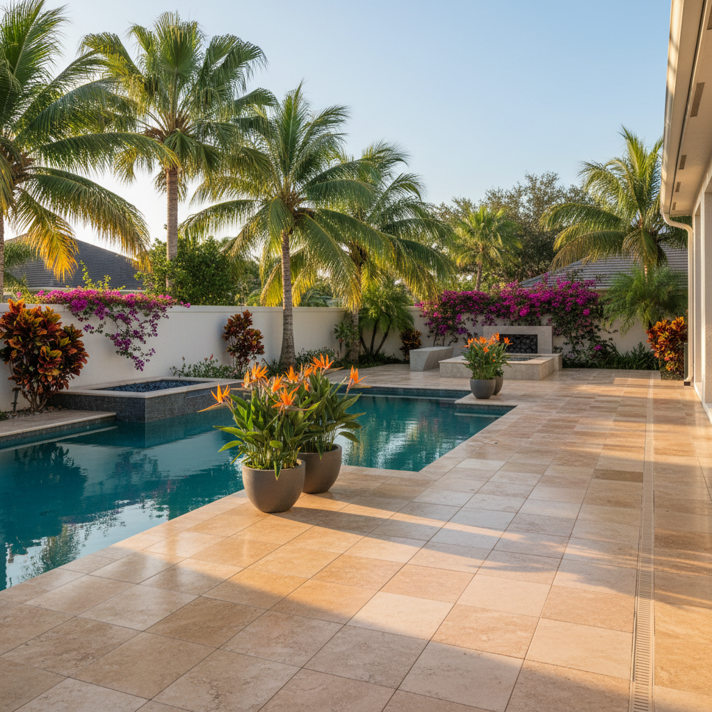 Professionally restored travertine pool deck in Cape Coral, FL by our paver sealing team.