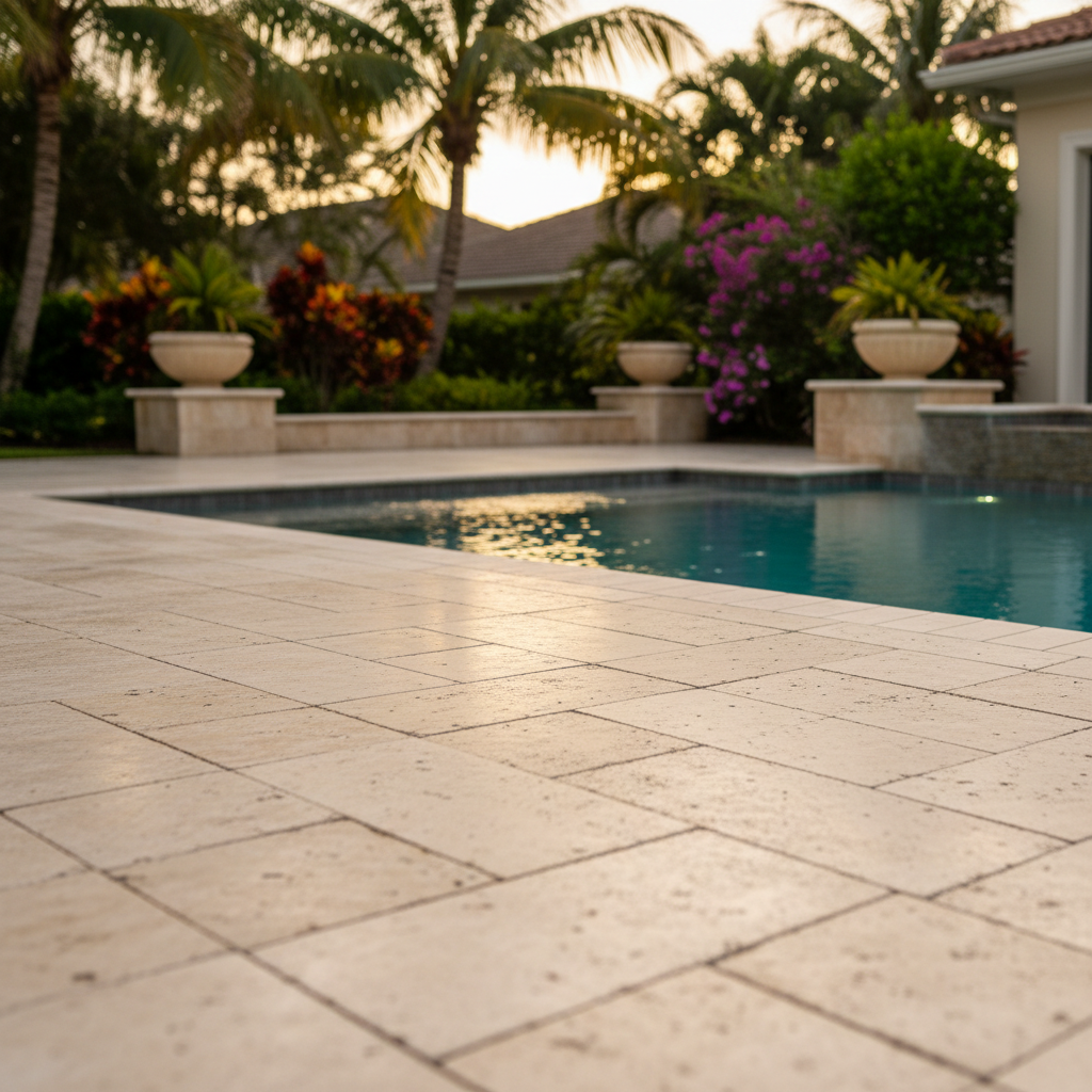 A professionally restored travertine pool deck in Bonita Springs, FL, showcasing a clean, sealed surface next to a luxury pool and tropical plants.
