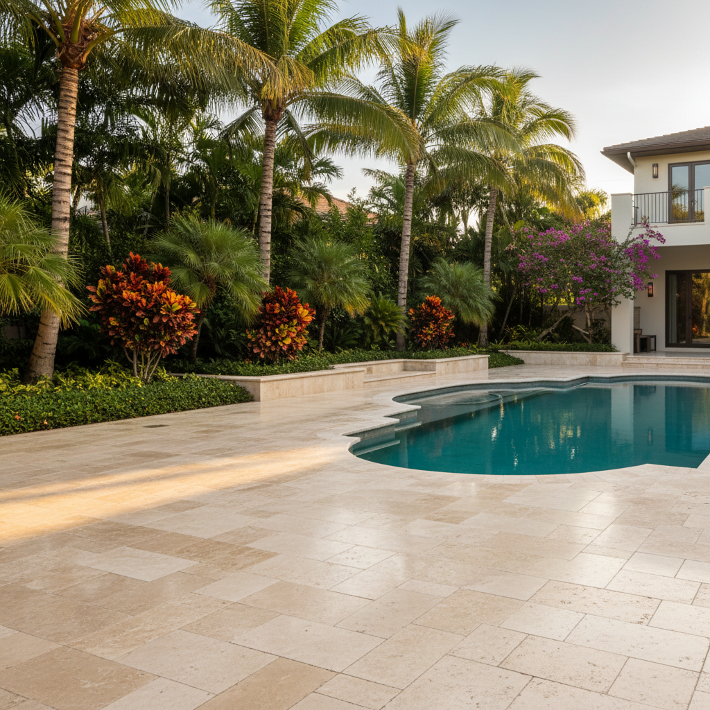 A meticulously restored travertine pool deck in Marco Island, FL, after a professional paver restoration service.