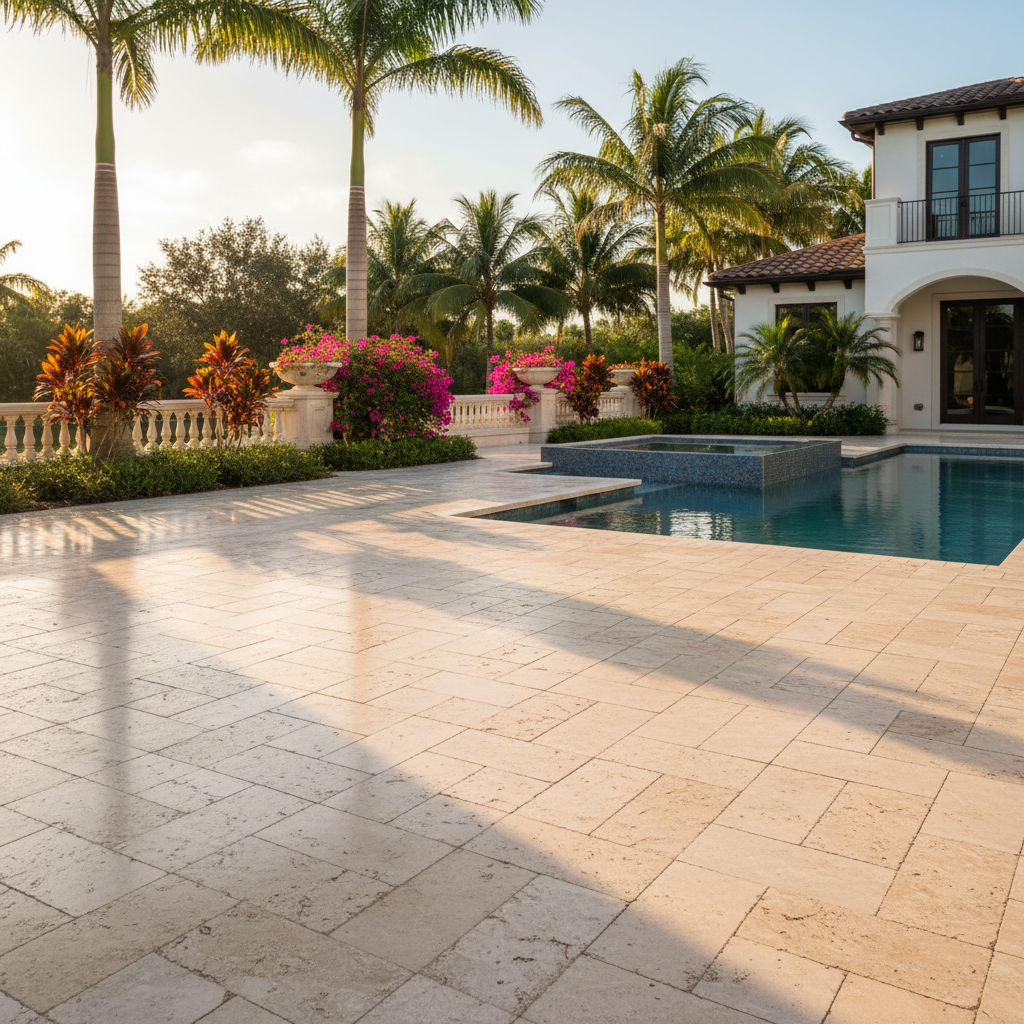 Pristine travertine pavers surrounding a pool after a professional pool deck restoration service in Estero, Florida.