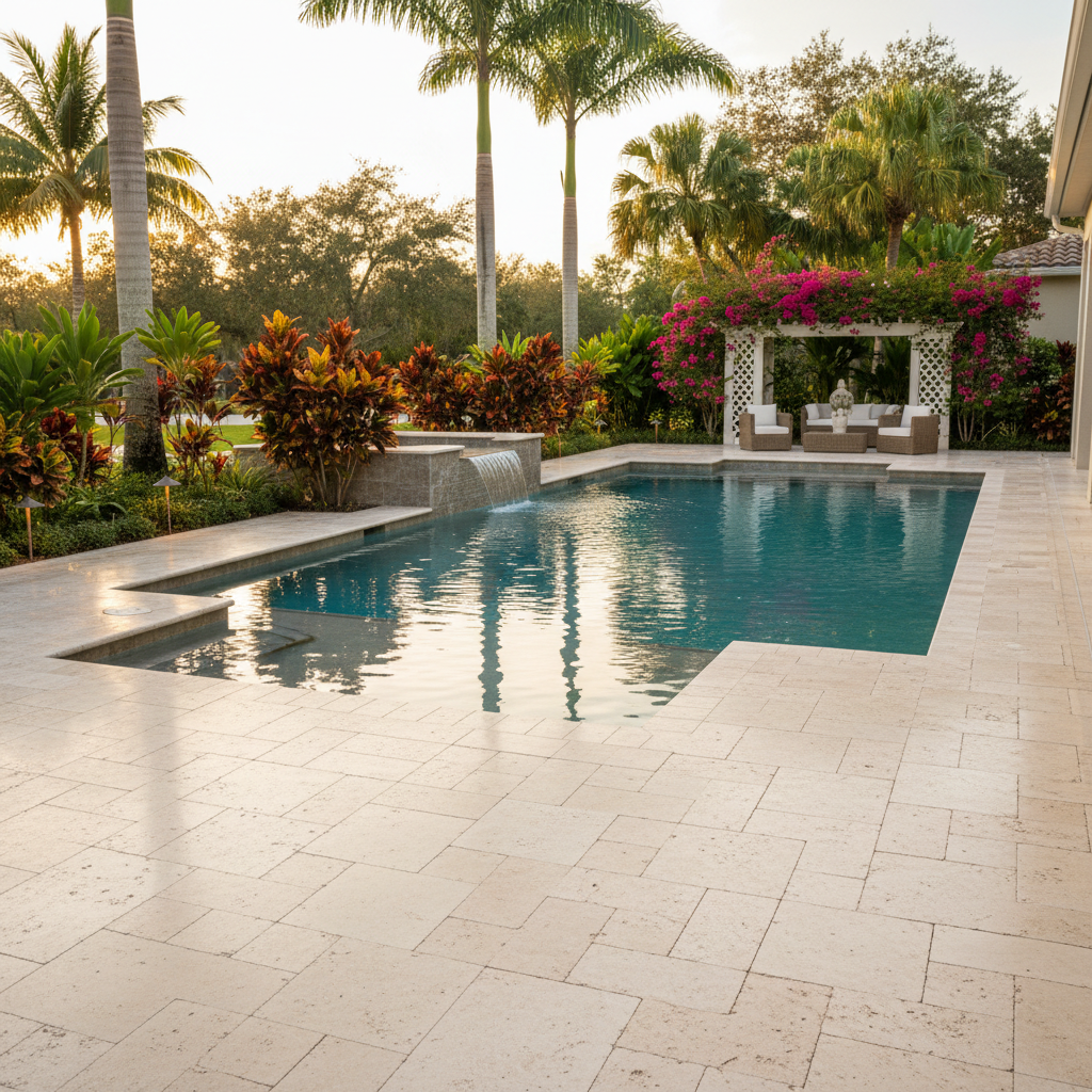 Impeccably restored travertine pool deck at a luxury home in Estero, Florida.