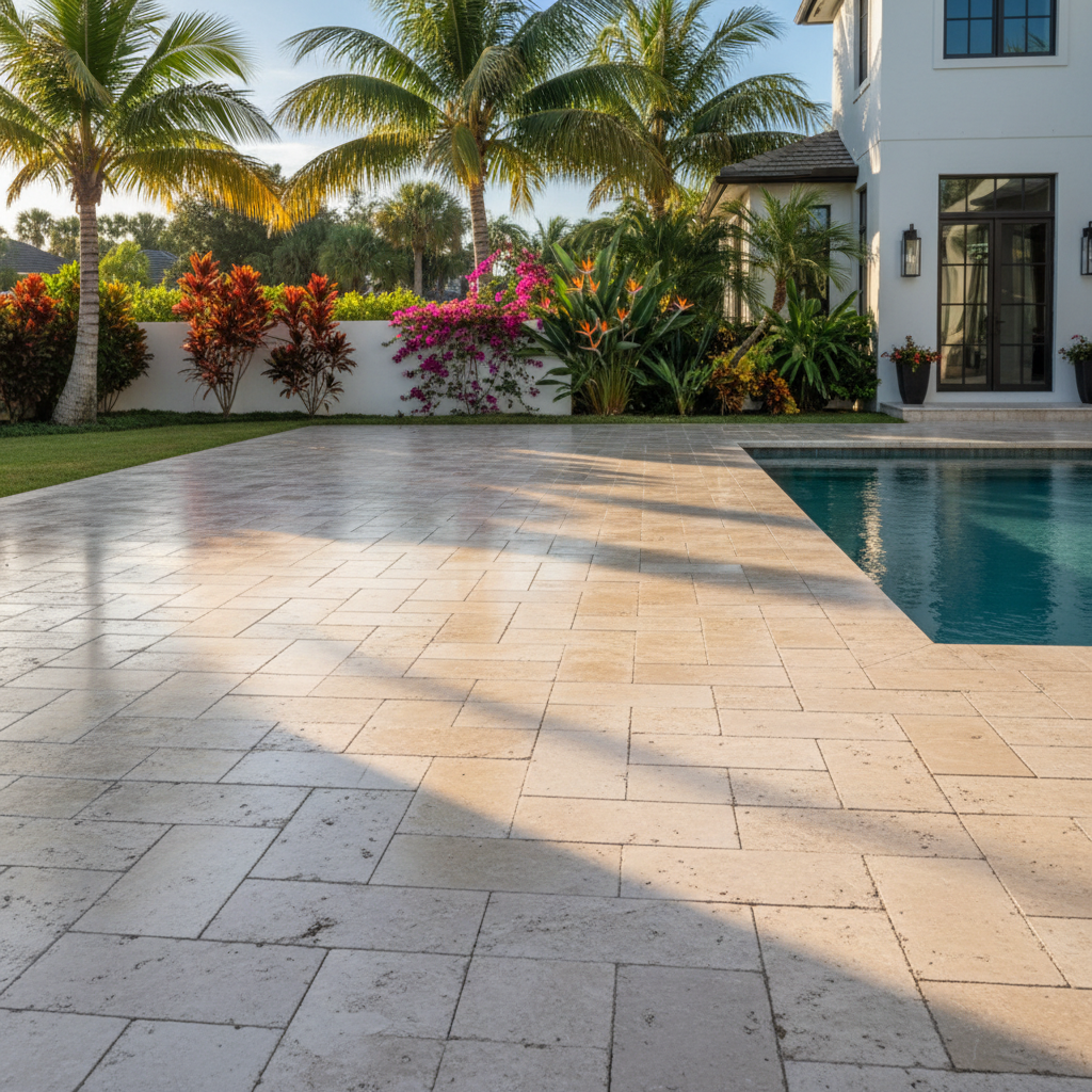 A pristine, newly restored paver pool deck in Fort Myers, FL.