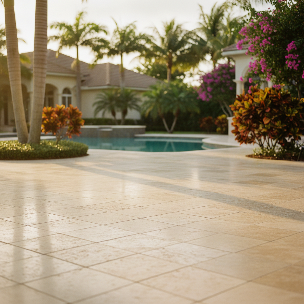 A meticulously restored travertine pool deck in a luxury Lehigh Acres, FL home, showcasing the results of professional paver restoration.