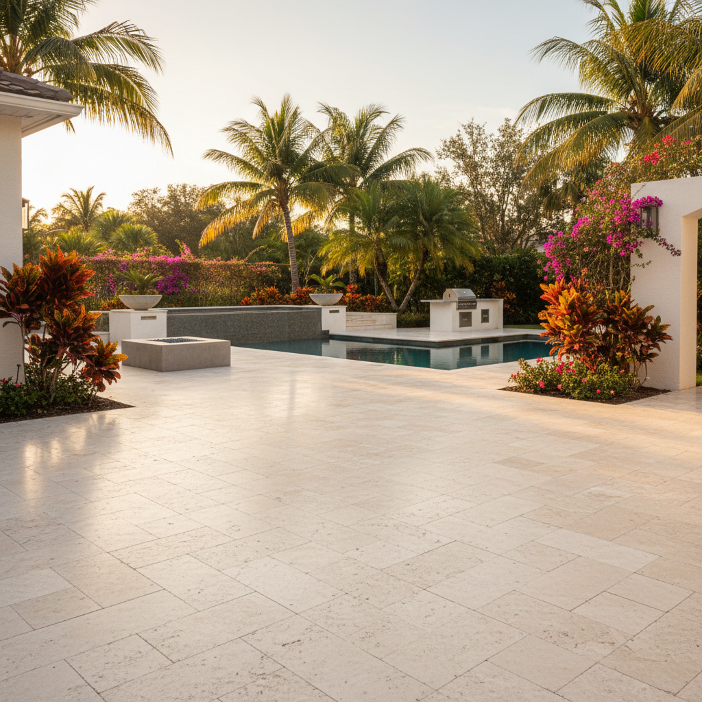 Restored travertine pool deck in Lehigh Acres, FL with a wet-look finish.