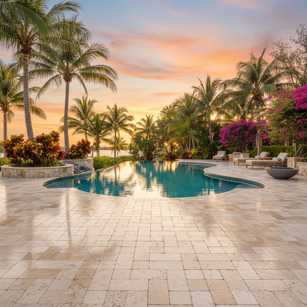 A meticulously restored travertine pool deck in a luxury Marco Island, FL home, showcasing the results of professional pool deck restoration.