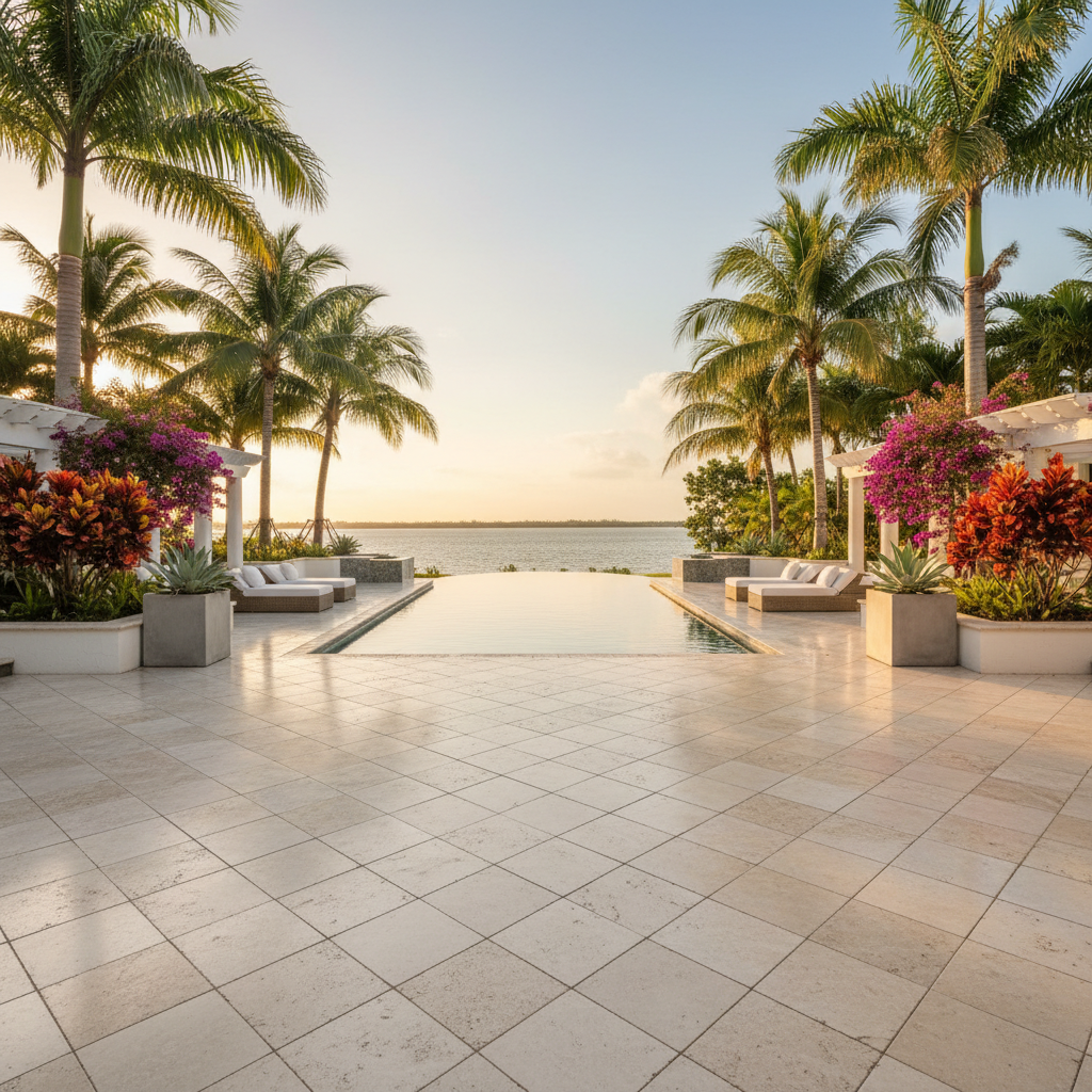 A pristine, newly restored travertine pool deck in a luxury home in Naples, Florida.