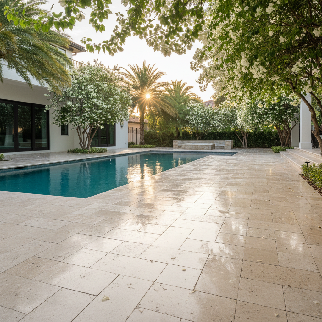 A newly sealed travertine pool deck after a professional paver restoration in a Naples, FL luxury home.