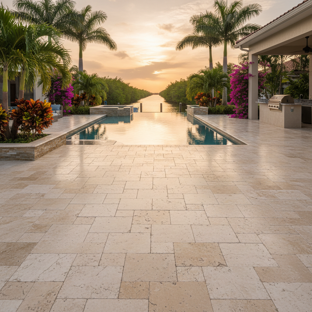 Expertly restored travertine paver pool deck in a luxury Punta Gorda home, showcasing a clean, sealed surface.