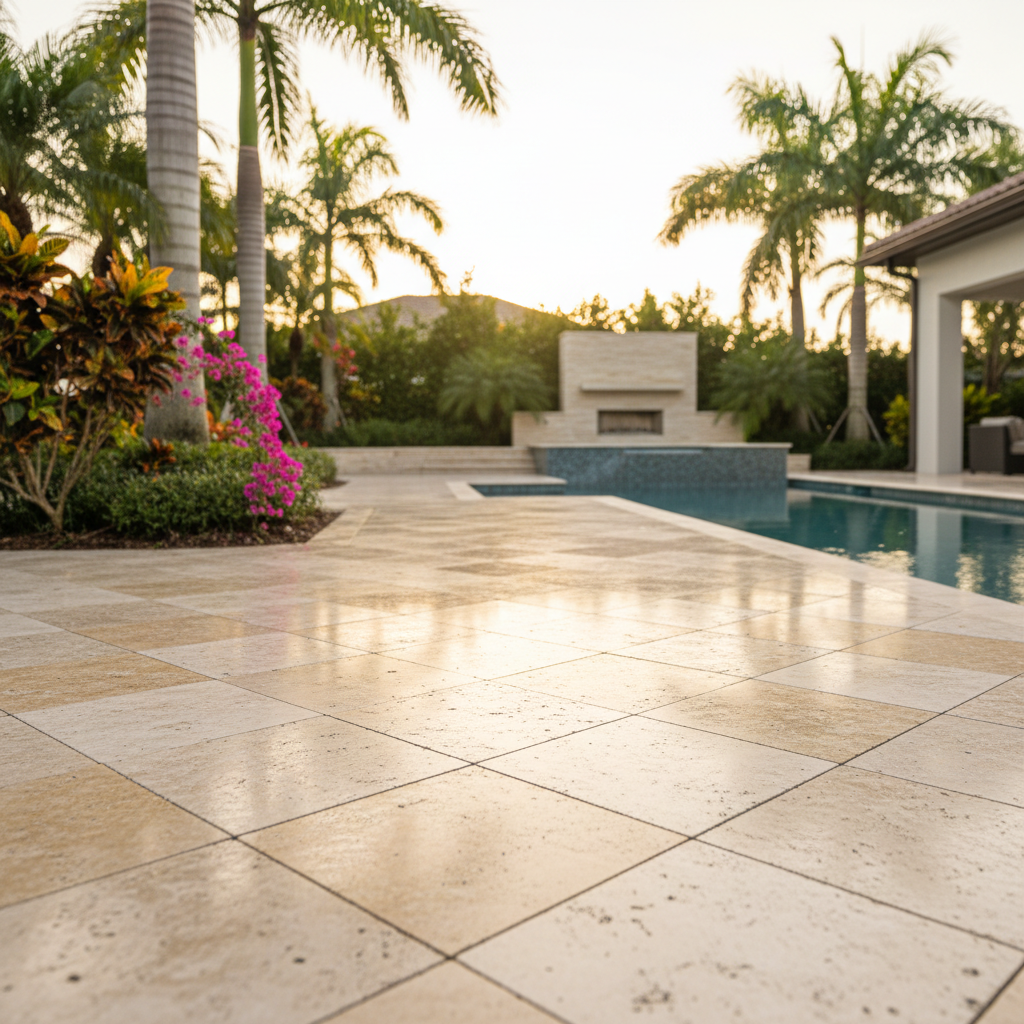 A freshly cleaned and sealed travertine pool deck in Bonita Springs after professional paver cleaning services.