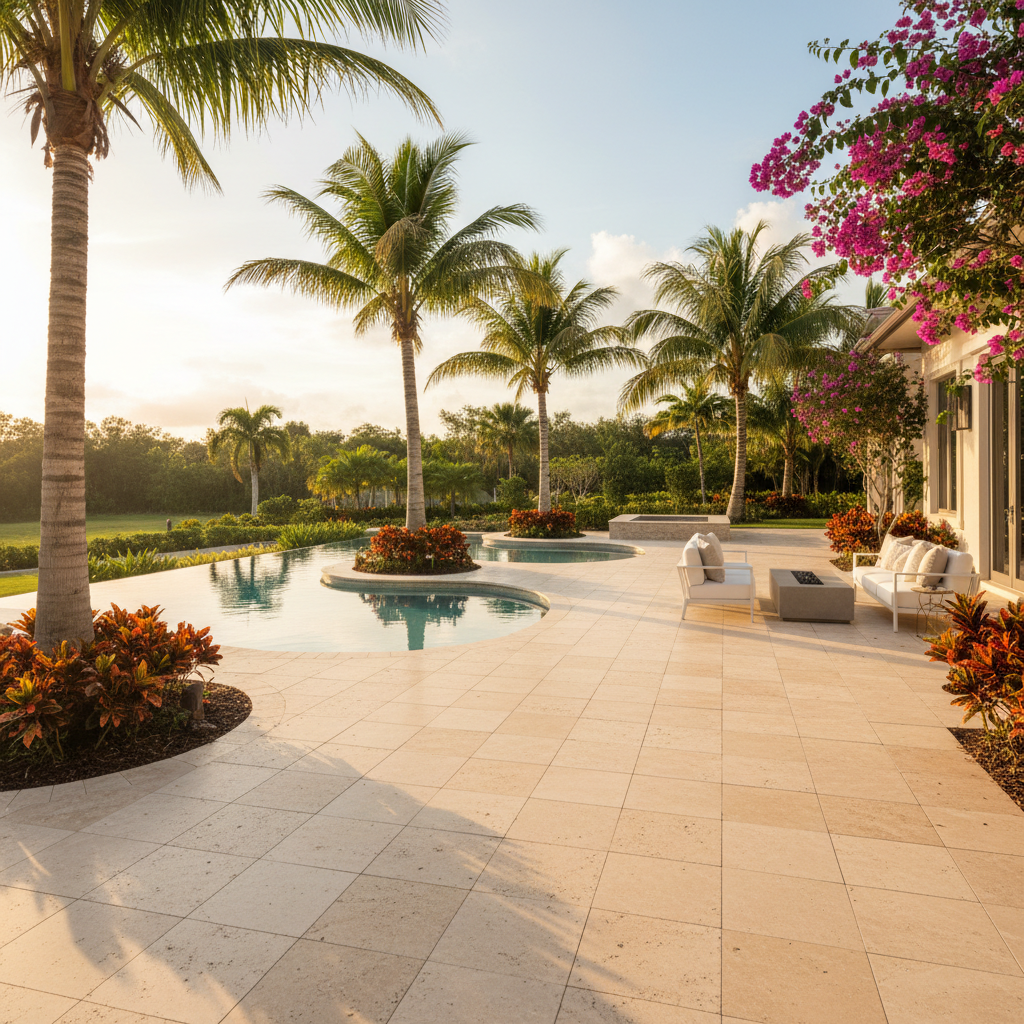 Immaculate travertine pool deck after a professional paver cleaning service in Estero, Florida.