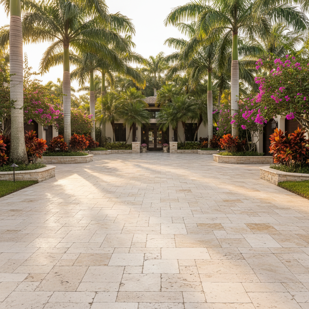 Pristine travertine paver driveway after a professional paver cleaning in Fort Myers, FL.
