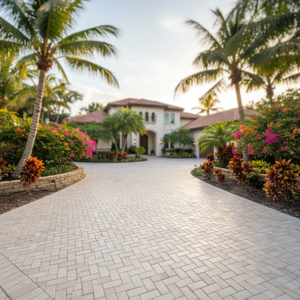 A professionally cleaned paver driveway in a Lehigh Acres, FL luxury home, showcasing the results of expert paver cleaning services.