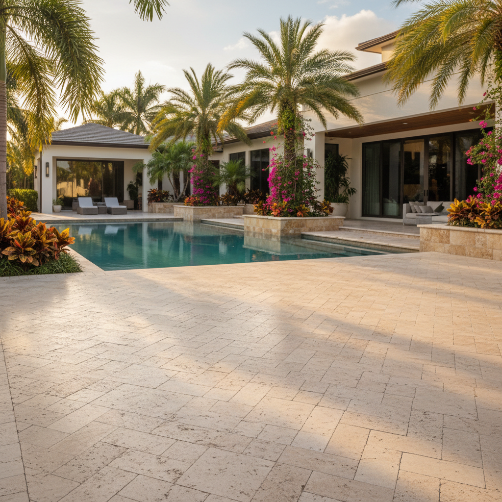 A professionally sealed travertine pool deck in Bonita Springs, FL, with a protective wet-look finish.
