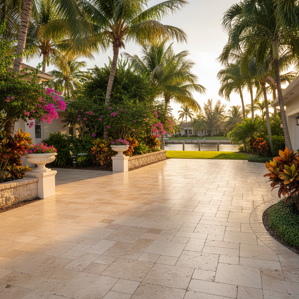 A newly sealed travertine driveway on a luxury home, showcasing professional driveway sealing in Punta Gorda, FL.
